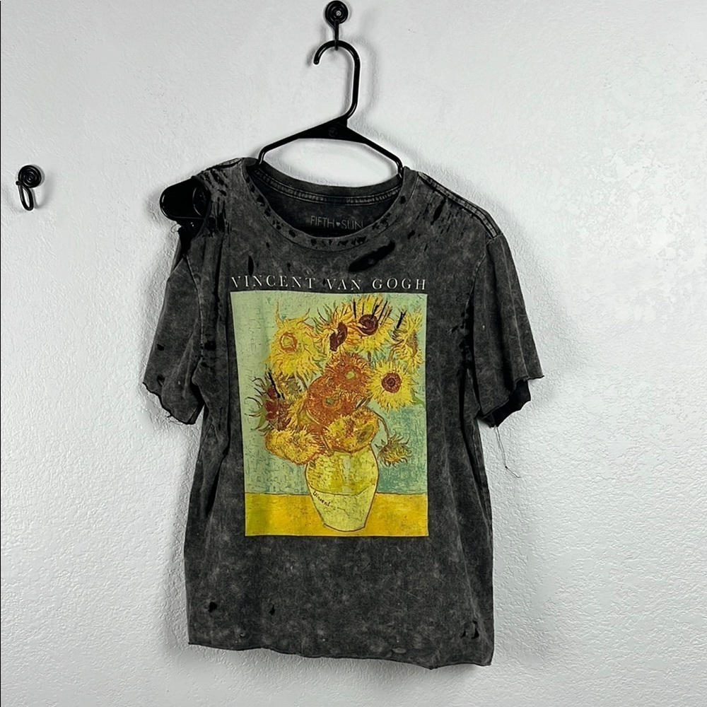 Fifth Sun Black Short Sleeve Distressed Tee with Artistic Print Whimsigoth Sz M